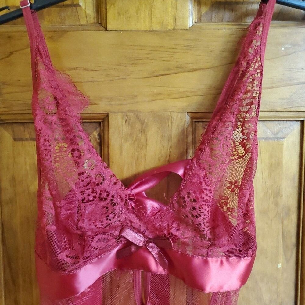 Unbranded S Babydoll Chemise Women Red Lace Satin Bow Sheer Lingerie Nightwear